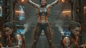 scifi woman is strapped into futuristic BDSM bondage device and elctro shocked by two kinky slave cyborg babes