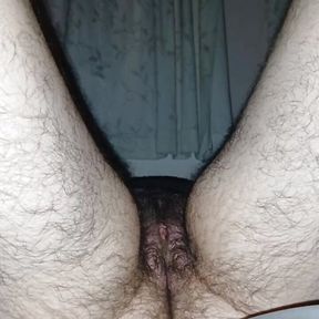 Vibrator on my hairy transgender pussy and cumming hard