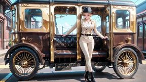 Leaning Against the Vintage Train Door, She Runs Her Hand Down Sheer Stockings While Gazing with a Cold yet Misty Look