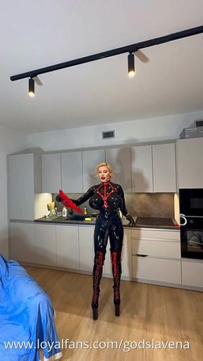 Sweaty undressing of my mega boobs latex catsuit