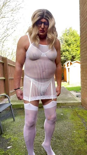 Amateur Crossdresser Kellycd2022 sexy milf in sexy white fishnet dress stockings and heels sissy