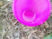 Big cock cums into a cup and lets his cum load at the cruising area for horny guy
