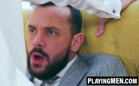Bearded Sir Peter fingers and fucks Lukas Daken's smooth hole