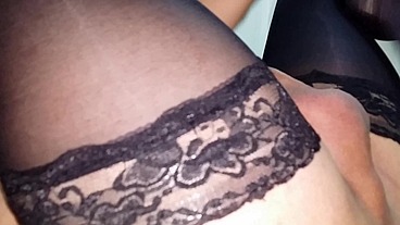 Black Opaque Stay Up Stockings on Curvy Legs