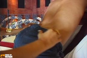 Guy masturbates while a girl peggs his ass with a big strapon