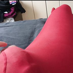 Nylon boy has fun in red pantyhose