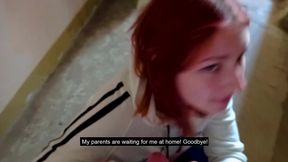 Fucked me in the stairwell while parents are at home - Swallowed Sperm - POV