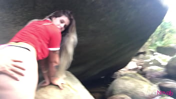 Sultry blonde gets pounded at the waterfall by a hot latina