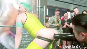 ”Axel Abysse endures while Yoshi Kawasaki uses thick dildos to fuck him in fron”