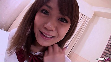 Uncensored JAV First Time POV Casting Creampie Sex for Petite Japanese Teen by old Guy