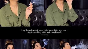 Long french manicured nails, cute hair in a bun, angie smoking with index and tumb - A custom clip