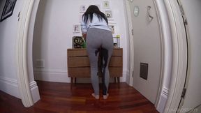 Faye Taylor polishing and peeing in grey leggings