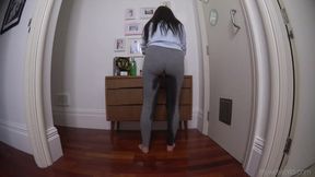 Faye Taylor polishing and peeing in grey leggings