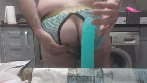 Chubby mature with big fat cock, I fuck my tight ass with huge dildo to the background close-up