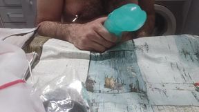 Chubby mature with big fat cock, I fuck my tight ass with huge dildo to the background close-up