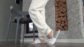 I wiggle my long toes in white slippers dd
