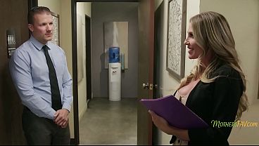 Blindfolded MILF gets a surprise MMMF threesome with her stepson and coworker