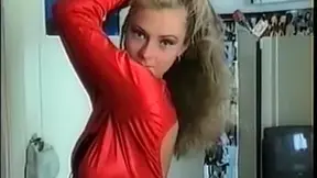 Hot Legal-age blonde in red sexy dress demonstrates her body