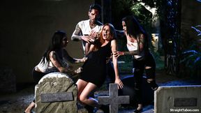 Her  friends emerge out of the grave