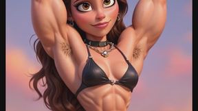 A muscular animated bodybuilder babe shows us her hairy armpits and muscles as she poses for you copy