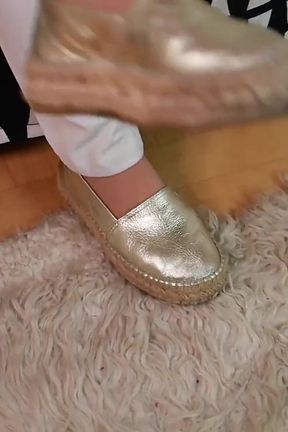 Tight Jeans, Glitter Espadrilles &amp; Nylon Feet Close-up