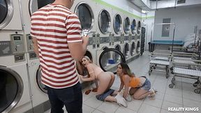 Hot interracial lesbian threesome while waiting for laundry.