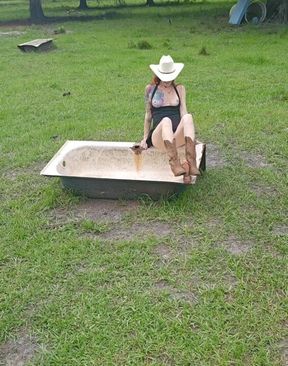 Redhead Cowgirl Bootjob Rusted Old Tub Middle of Ranch Pasture