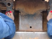 Pedal pumping a bobcat tractor with shoes then socks then barefooted
