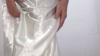 Asian Crossdresser wearing long silky nightie gown