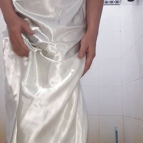 Asian Crossdresser wearing long silky nightie gown