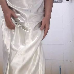 Asian Crossdresser wearing long silky nightie gown