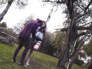 Outdoor Bondage Shibari Suspension - Tattoo skinny Girl in ropes on a tree
