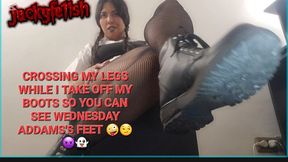 CROSSING MY LEGS WHILE I TAKE OFF MY BOOTS SO YOU CAN SEE WEDNESDAY ADDAMS'S FEET