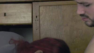 Inked redhead is in heaven while sucking and fucking her boyfriend's big prick