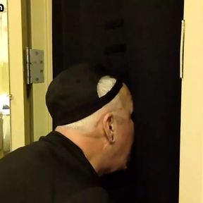 Gloryhole greedy amateur DILF sucks penis at his home