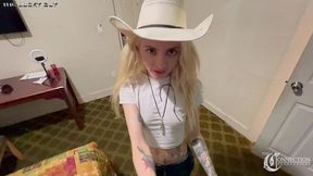 buckle bunny lola fae gives cowboy the lucky guy a blowjob after the rodeo