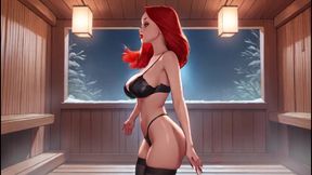 Cosplay. Jessica Bouncing Big Tits and Booty in the Sauna