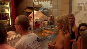 Naked blonde in line at fast food shop