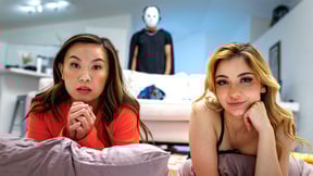 Tiny stepsister and BFF halloween party watching scary movies