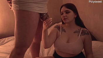 Unpacking and trying out a new sex toy on a guy in a chastity belt