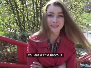 Public Agent Nervous looking woman sucks and bangs jock throughout a gloryhole