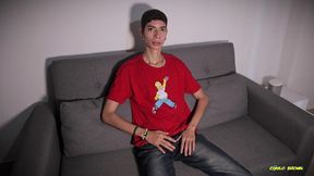 hot skinny twink jerking inside a condom breaking it with his big cock and shooting his cum load