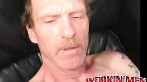 ”Old man with mustache strokes his long shaft until he cums”