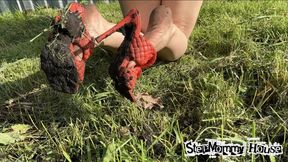 Girl Struggles across a Dirty plowed Field after the Rain in High Heeled Orange Mules - Dirty Soles Feet, Stuck in the Mud Sandals, Foot Fetish, Mud & Quicksand Sinking, Rough Calluses, Red Toenails