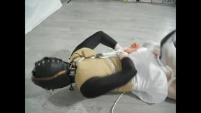 Frog-tied crossdresser trapped in self-bondage