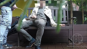 A bench encounter turns into a public piss humiliation
