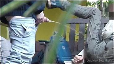 A bench encounter turns into a public piss humiliation