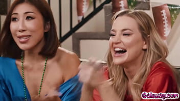 Steamy foursome with sexy ladies Nicole Doshi Hailey Rose and Ameena Green and Blake Blossom while watching a football game