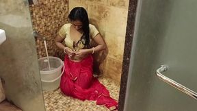 Indian Bhabhi In Saree Went Into Shower Taking Off Getting Wet