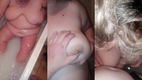 rubbing stacy s boobs in the bathtub and i got a handjob and cum on her tits